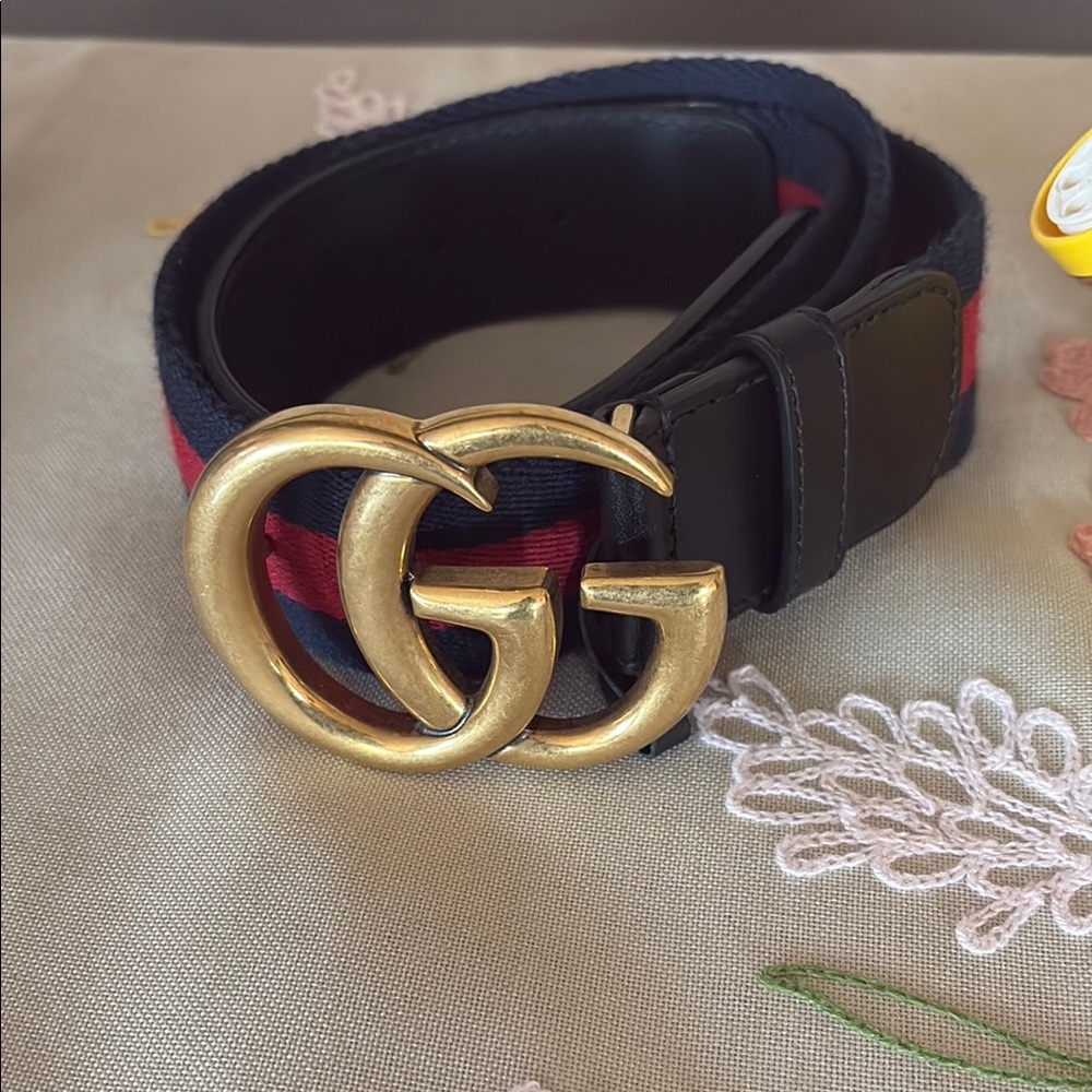 Gucci Black and Red Belt with Gold GG Buckle